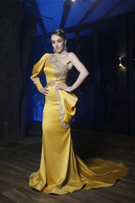 Sexy One Puffy Sleeves Satin Mermaid Prom Dress with Glitter Crystals by misshow.com
