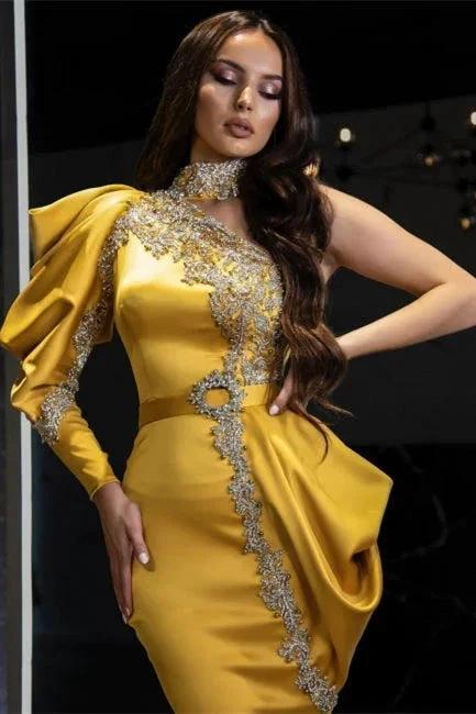 Sexy One Puffy Sleeves Satin Mermaid Prom Dress with Glitter Crystals by misshow.com