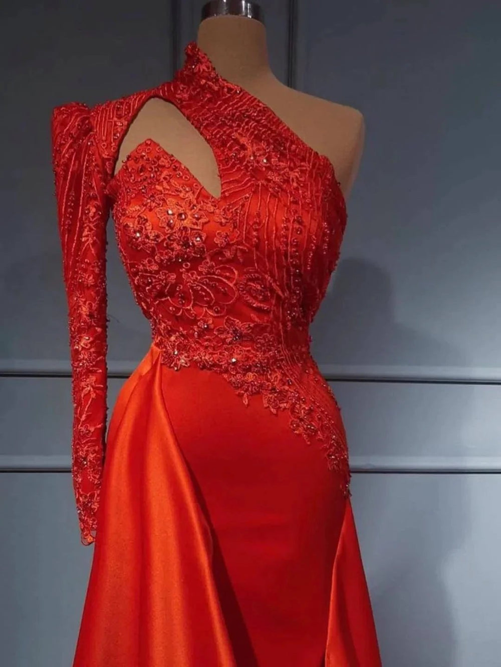 Sexy One Shoulder High Neck Silk Satin Glitter Floral Patterns Slim Mermaid Evening Dress with Detachable Train by misshow.com