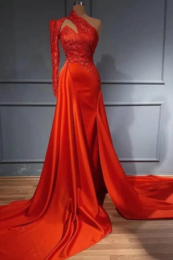 Sexy One Shoulder High Neck Silk Satin Glitter Floral Patterns Slim Mermaid Evening Dress with Detachable Train by misshow.com