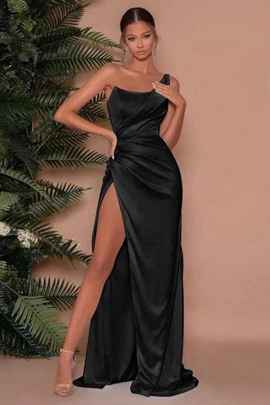 Sexy One Shoulder Slit Long Prom Dress With Satin Side by misshow.com