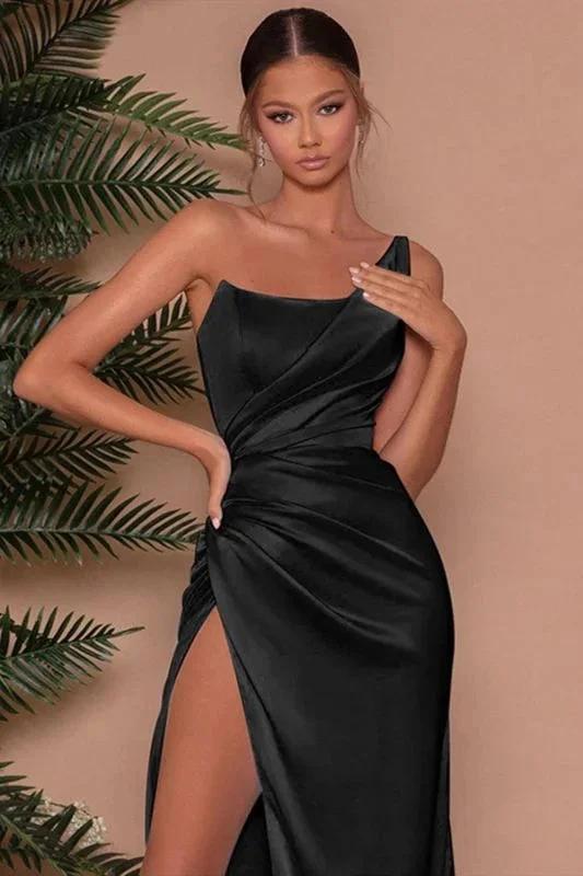 Sexy One Shoulder Slit Long Prom Dress With Satin Side by misshow.com