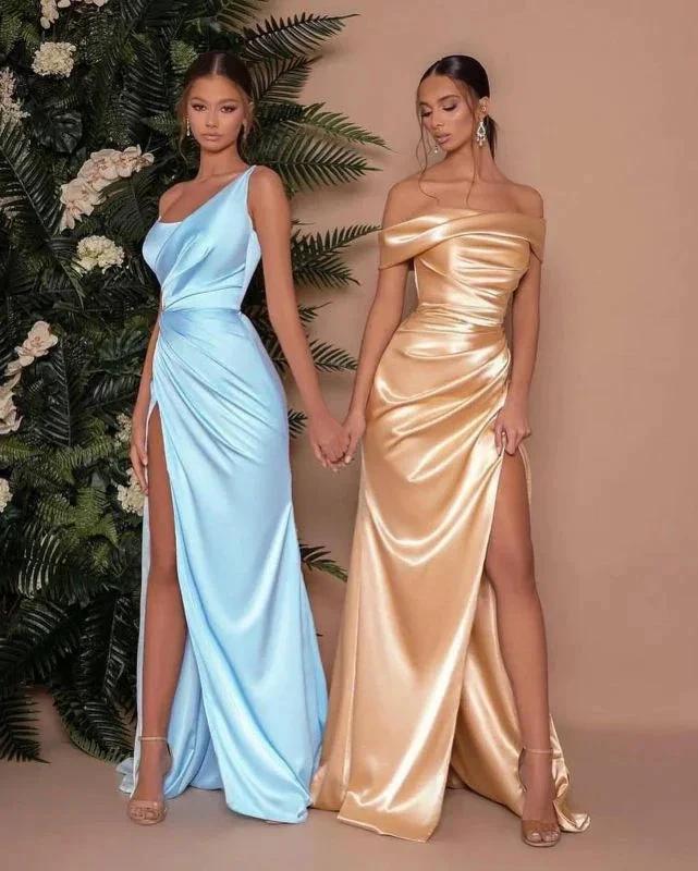 Sexy One Shoulder Slit Long Prom Dress With Satin Side by misshow.com