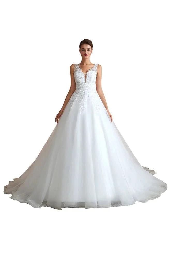 Sexy Pluging V-Neck Wedding Dress Sheer Lace Aline Bridal Gown by misshow.com