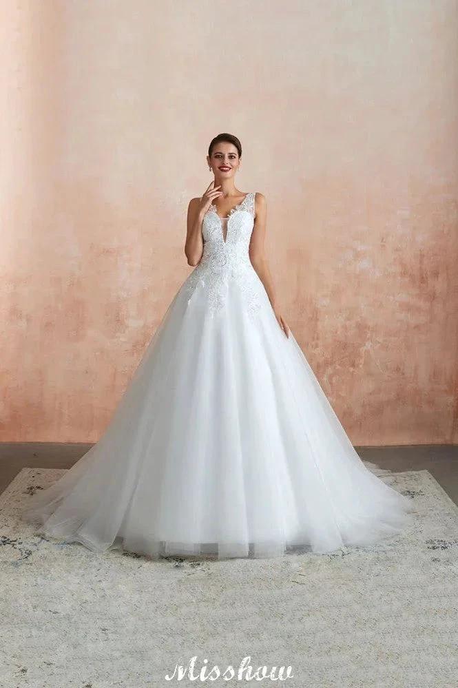 Sexy Pluging V-Neck Wedding Dress Sheer Lace Aline Bridal Gown by misshow.com