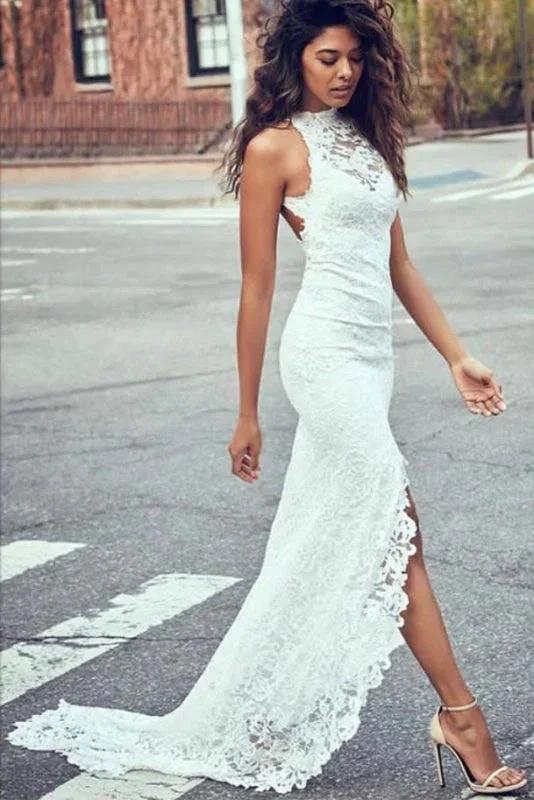 Sexy Pretty Mermaid Jewel Lace Backless With Court Train Beach Elegant Wedding Dresses by misshow.com