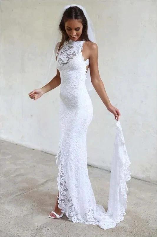 Sexy Pretty Mermaid Jewel Lace Backless With Court Train Beach Elegant Wedding Dresses by misshow.com