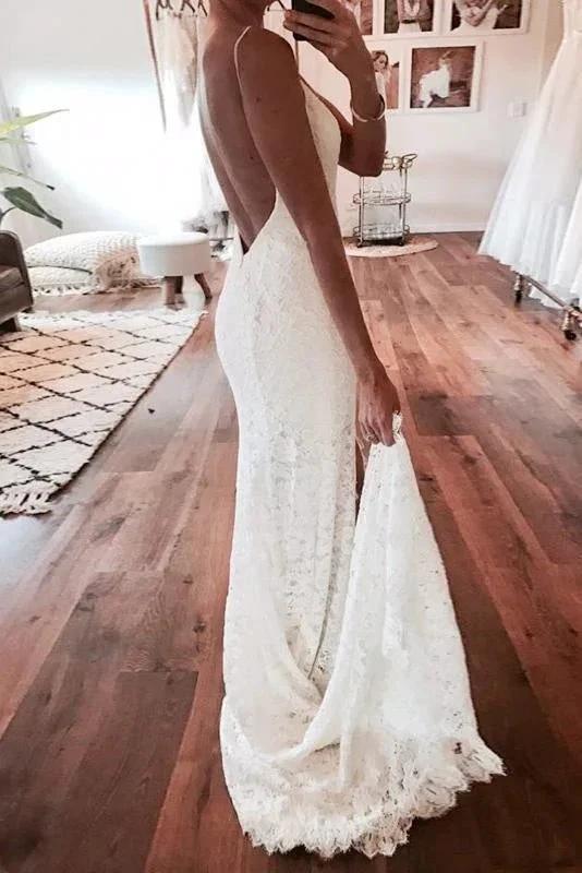 Sexy Pretty Mermaid Spaghetti Straps Backless Beach Lace Elegant Wedding Dresses by misshow.com