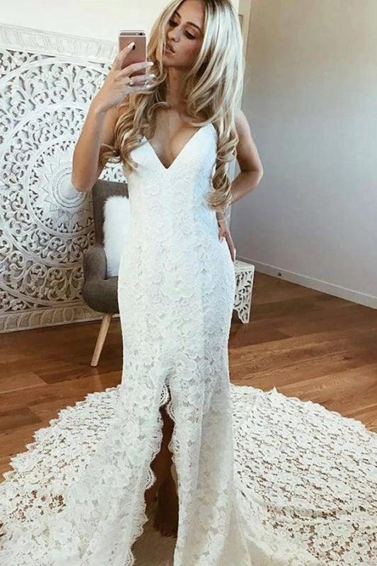 Sexy Pretty Mermaid Spaghetti Straps Backless Beach Lace Elegant Wedding Dresses by misshow.com