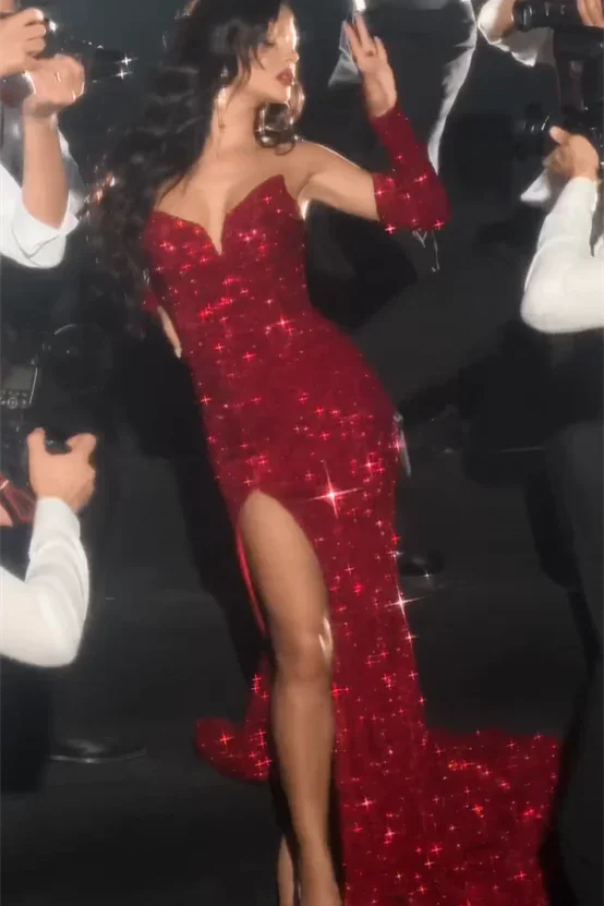 Sexy Red V-neck Sleeveless Sequined Split Front Mermaid Prom Dress by misshow.com