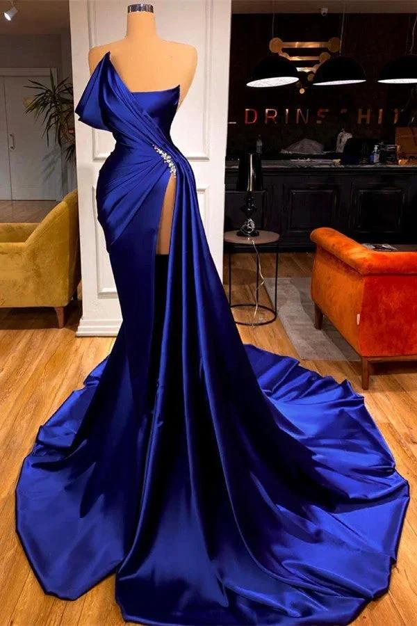 Sexy Royal Blue Long Mermaid Satin Prom Dress With Slit by BIZTUNNEL