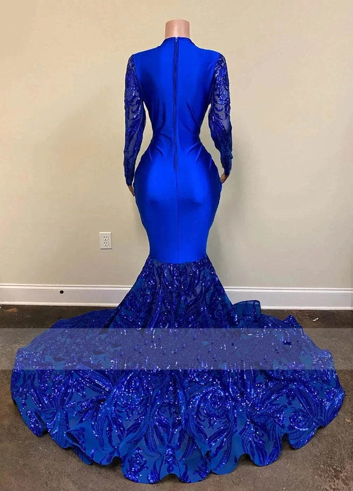 Sexy Royal Blue Long Mermaid V Neck Prom Dresses with Sleeves by BIZTUNNEL