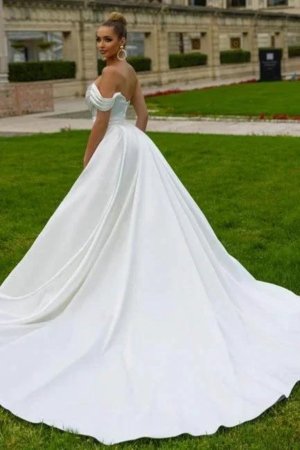 Sexy Satin A-line Off-the-shoulder Sleeveless Sequined Wedding Dress With Slit by misshow.com