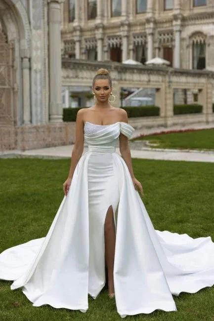 Sexy Satin A-line Off-the-shoulder Sleeveless Sequined Wedding Dress With Slit by misshow.com