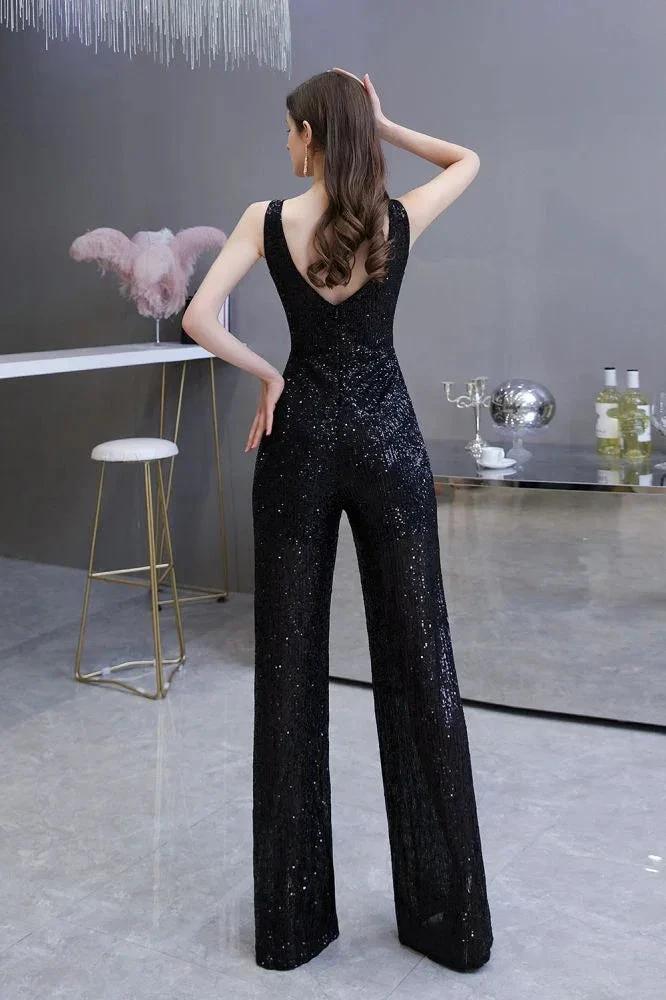 Sexy Shining V-neck Silver Sequin Sleeveless Prom Jumpsuit by misshow.com
