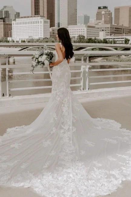 Sexy Spaghetti Strap Sleeveless Mermaid Lace Wedding Dresses with Court Train by misshow.com