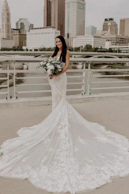 Sexy Spaghetti Strap Sleeveless Mermaid Lace Wedding Dresses with Court Train by misshow.com