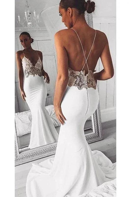 Sexy Spaghetti Straps Pretty Mermaid Long Beach Elegant Wedding Dresses with Lace by misshow.com