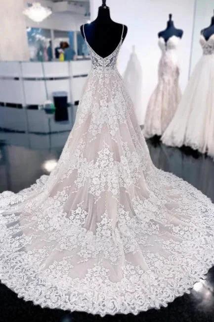 Sexy Spaghetti Straps Sleeveless A-Line Lace Backless Wedding Dresses With Train by misshow.com