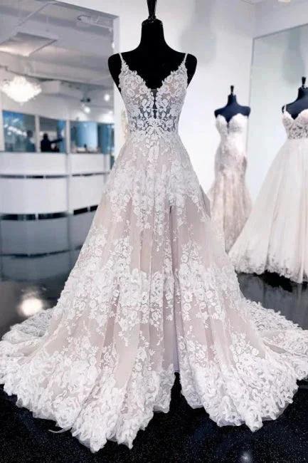 Sexy Spaghetti Straps Sleeveless A-Line Lace Backless Wedding Dresses With Train by misshow.com