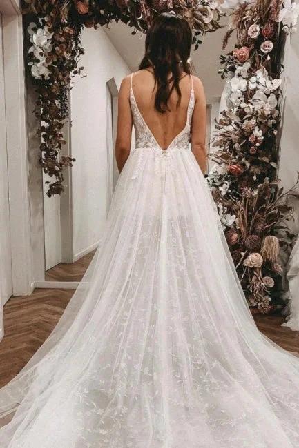 Sexy Spaghetti Straps Sleeveless A-Line Lace Wedding Dresses by misshow.com