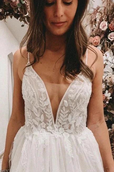 Sexy Spaghetti Straps Sleeveless A-Line Lace Wedding Dresses by misshow.com