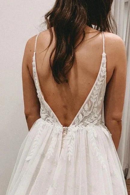 Sexy Spaghetti Straps Sleeveless A-Line Lace Wedding Dresses by misshow.com