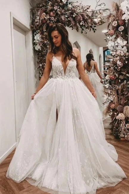 Sexy Spaghetti Straps Sleeveless A-Line Lace Wedding Dresses by misshow.com