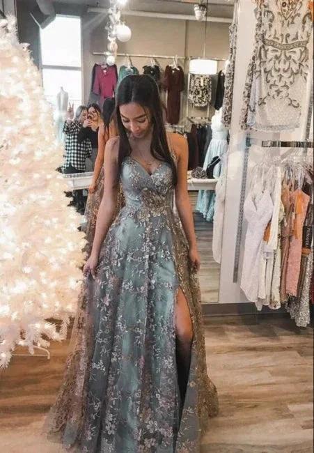 Sexy Spaghetti Straps Sweetheart Aline Prom Dress Floral Lace Evening Dress with Side Slit by misshow.com