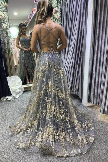Sexy Spaghetti Straps Sweetheart Aline Prom Dress Floral Lace Evening Dress with Side Slit by misshow.com