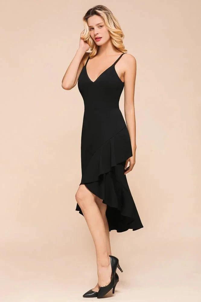 Sexy Spaghetti Straps Sweetheart Slim Hi-Lo Party Dress Vintage Backless Black Prom Dress by misshow.com