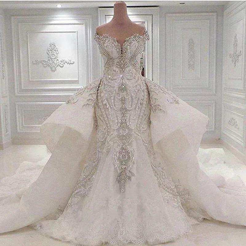 Sexy Strapless Crystals Mermaid Wedding Dresses with Overskirt Long Train by misshow.com