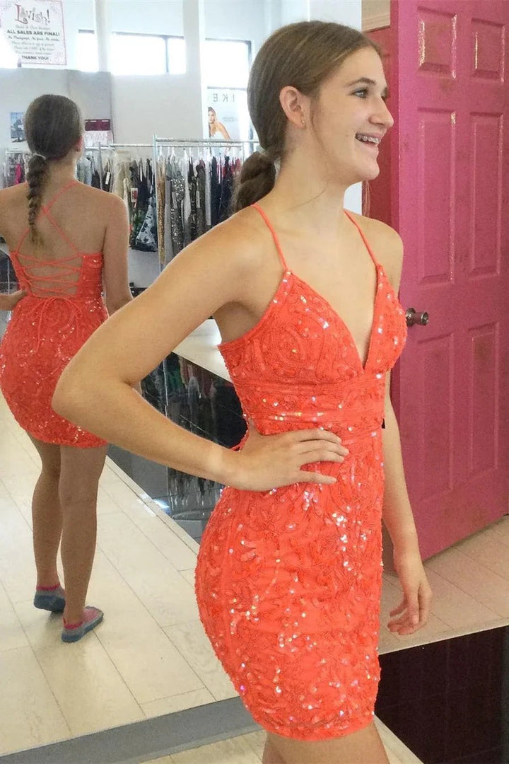 Sexy V-neck Orange Backless Sequined Sleeveless Homecoming Dress With Lace by misshow.com