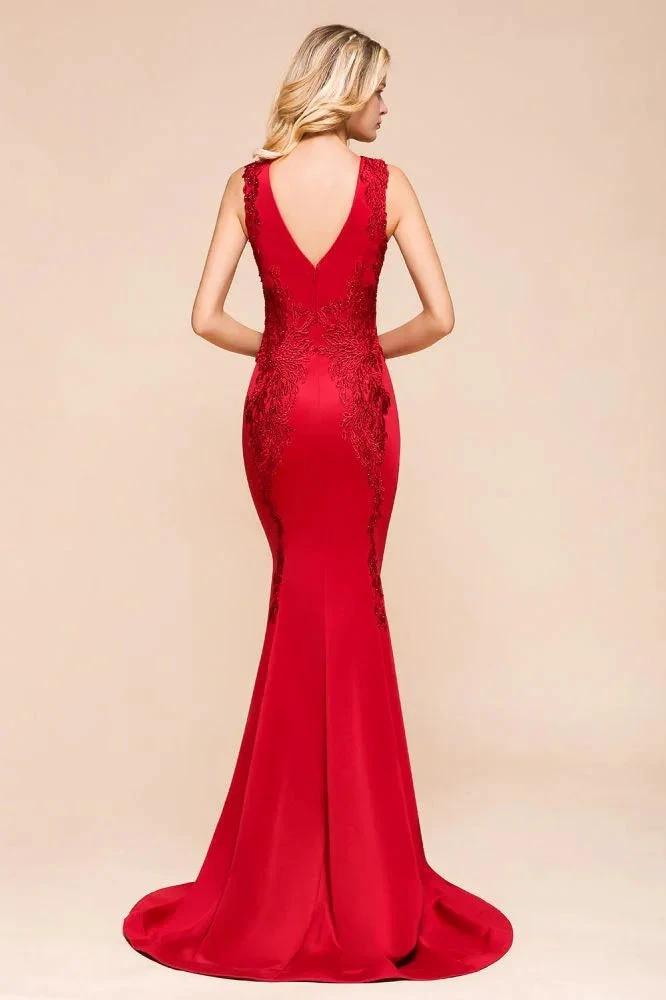 Sexy V-neck Sleeveless Mermaid Evening Maxi Gown Floral Appliques Party Dress with Sweep Train by misshow.com