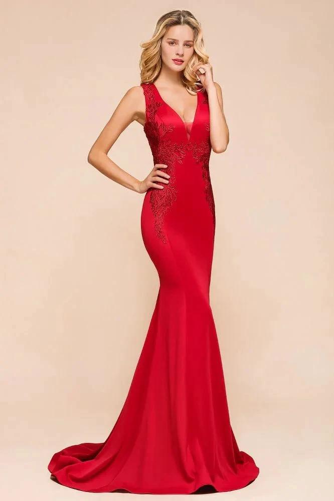 Sexy V-neck Sleeveless Mermaid Evening Maxi Gown Floral Appliques Party Dress with Sweep Train by misshow.com
