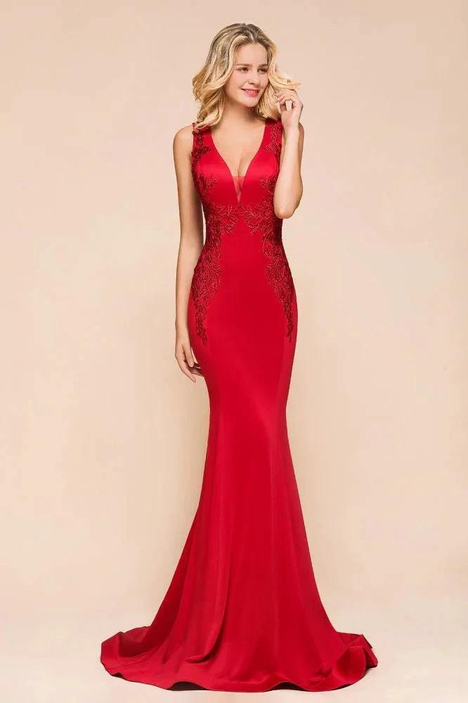 Sexy V-neck Sleeveless Mermaid Evening Maxi Gown Floral Appliques Party Dress with Sweep Train by misshow.com