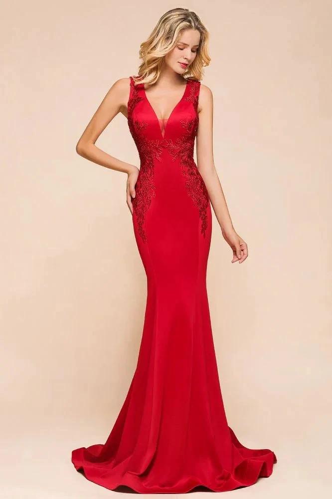 Sexy V-neck Sleeveless Mermaid Evening Maxi Gown Floral Appliques Party Dress with Sweep Train by misshow.com