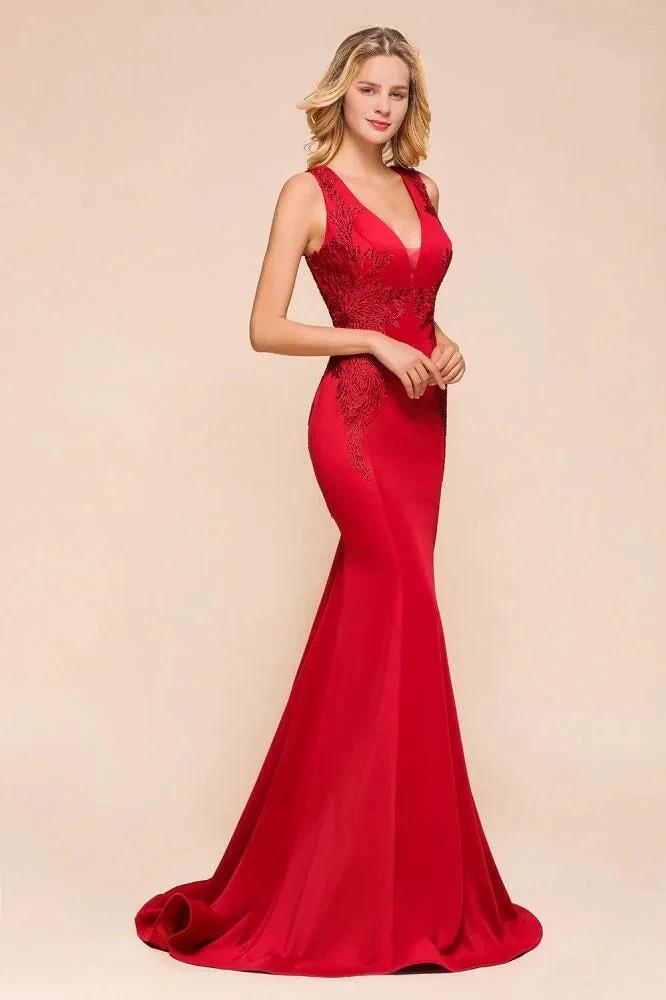 Sexy V-neck Sleeveless Mermaid Evening Maxi Gown Floral Appliques Party Dress with Sweep Train by misshow.com