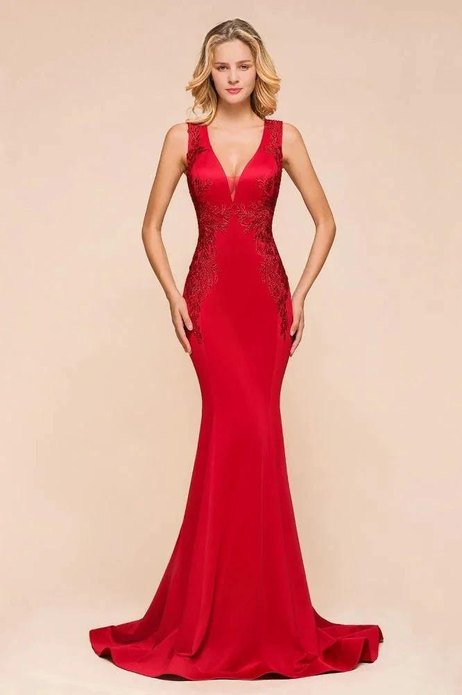 Sexy V-neck Sleeveless Mermaid Evening Maxi Gown Floral Appliques Party Dress with Sweep Train by misshow.com