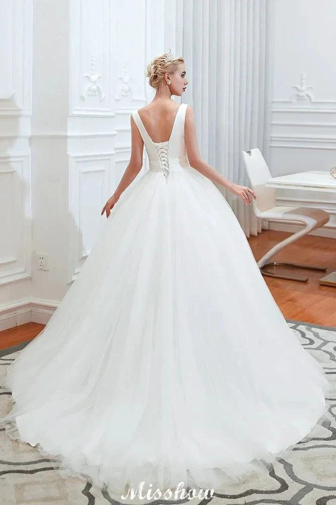 Sexy V-Neck Sleeveless Princess Spring Wedding Dress | White Low Back Bridal Gowns with Belt by misshow.com