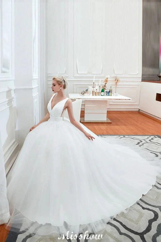 Sexy V-Neck Sleeveless Princess Spring Wedding Dress | White Low Back Bridal Gowns with Belt by misshow.com