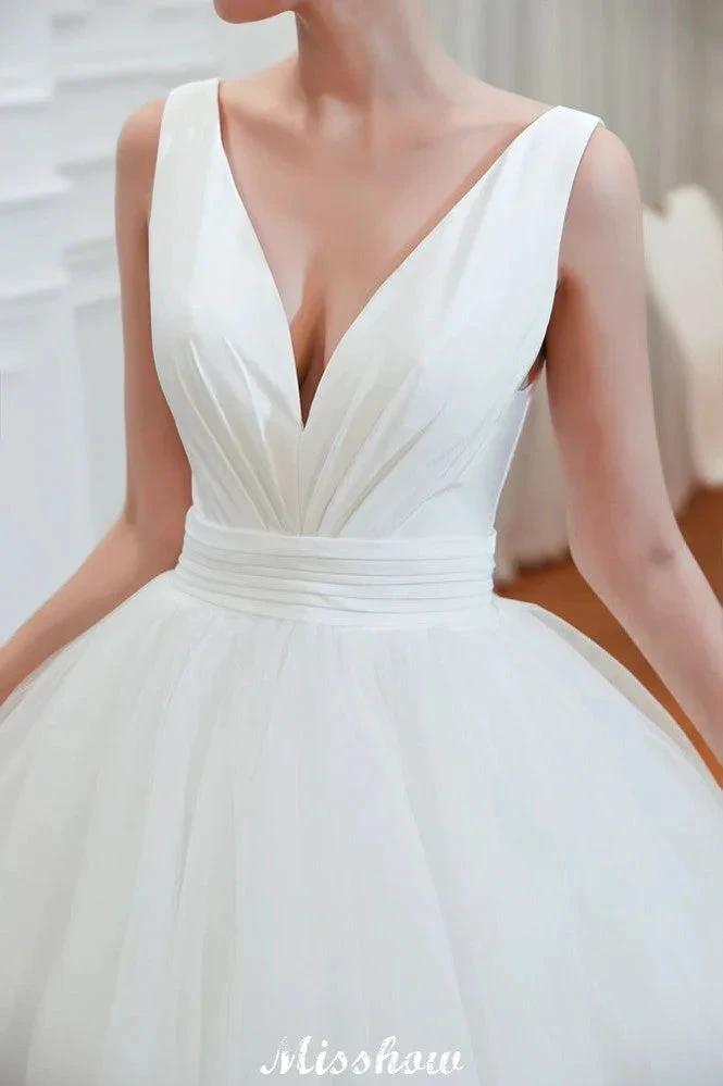 Sexy V-Neck Sleeveless Princess Spring Wedding Dress | White Low Back Bridal Gowns with Belt by misshow.com