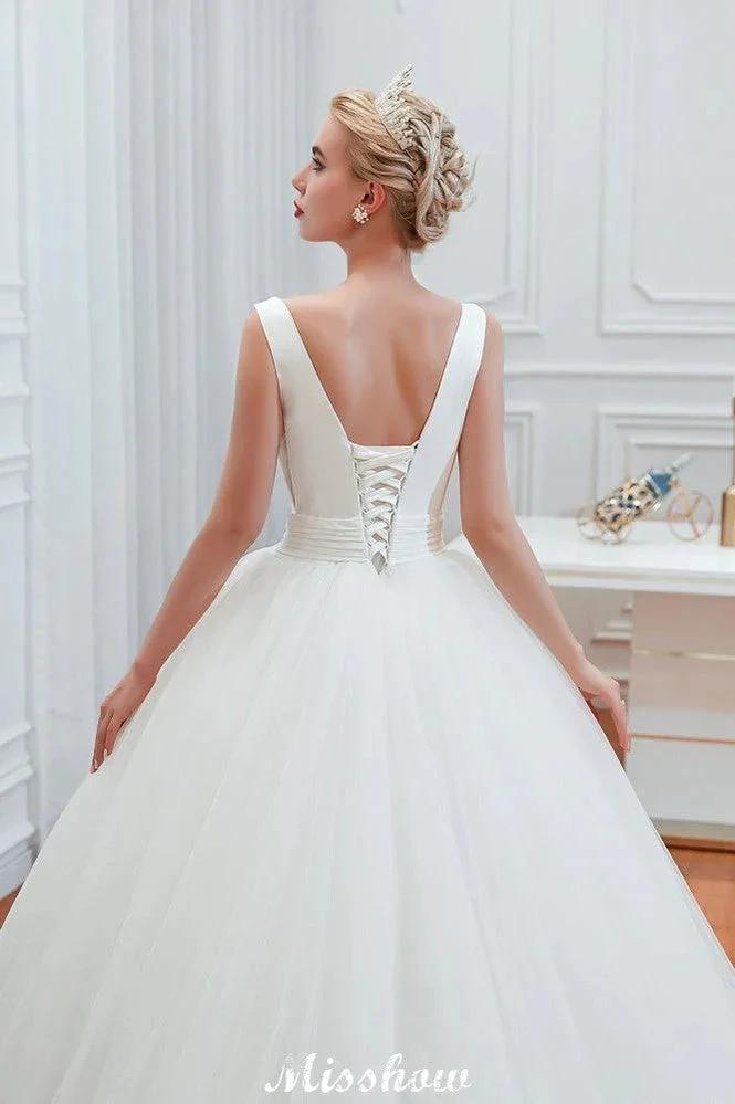 Sexy V-Neck Sleeveless Princess Spring Wedding Dress | White Low Back Bridal Gowns with Belt by misshow.com