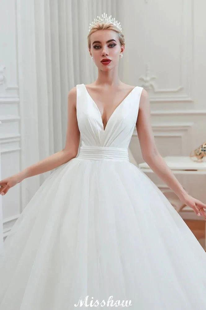 Sexy V-Neck Sleeveless Princess Spring Wedding Dress | White Low Back Bridal Gowns with Belt by misshow.com