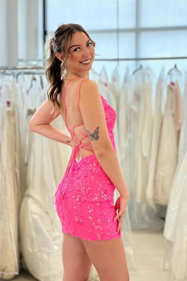 Sexy V-neck Spaghetti Straps Backless Sequined Homecoming Dress by misshow.com