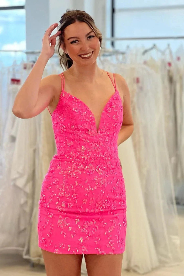 Sexy V-neck Spaghetti Straps Backless Sequined Homecoming Dress by misshow.com