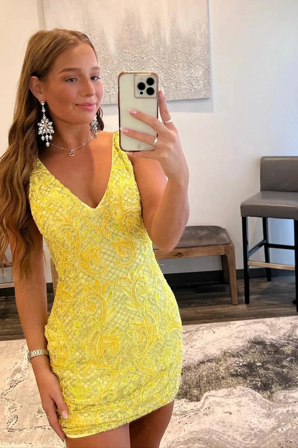 Sexy Yellow V-neck Sleeveless Sequined Backless Homecoming Dress With Lace by misshow.com