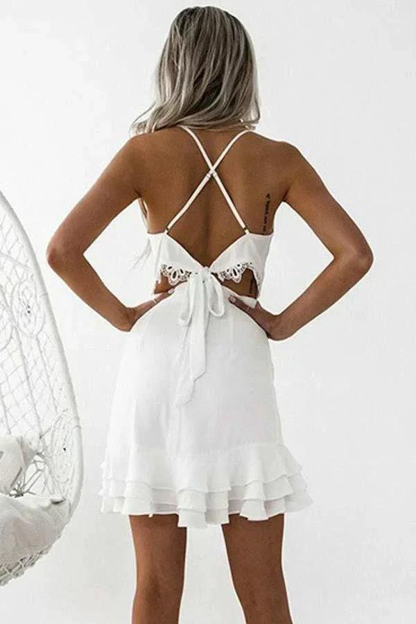 Sheath Spaghetti Straps Pleated White Satin Homecoming Dress PD003 by pgmdress