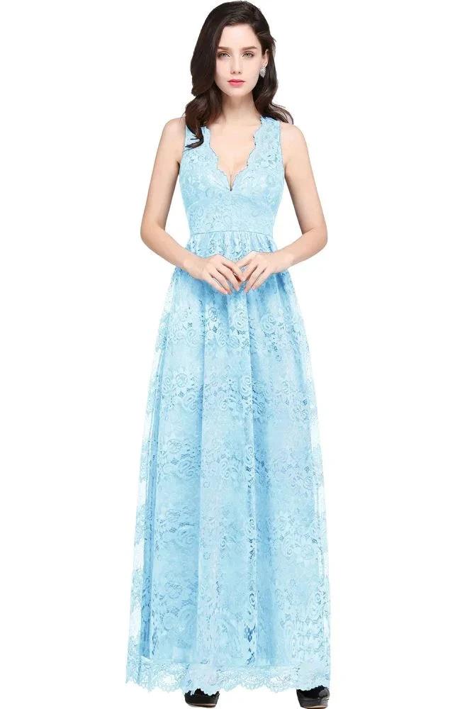 Sheath V-neck Floor-length Lace Navy Blue Prom Dress by misshow.com