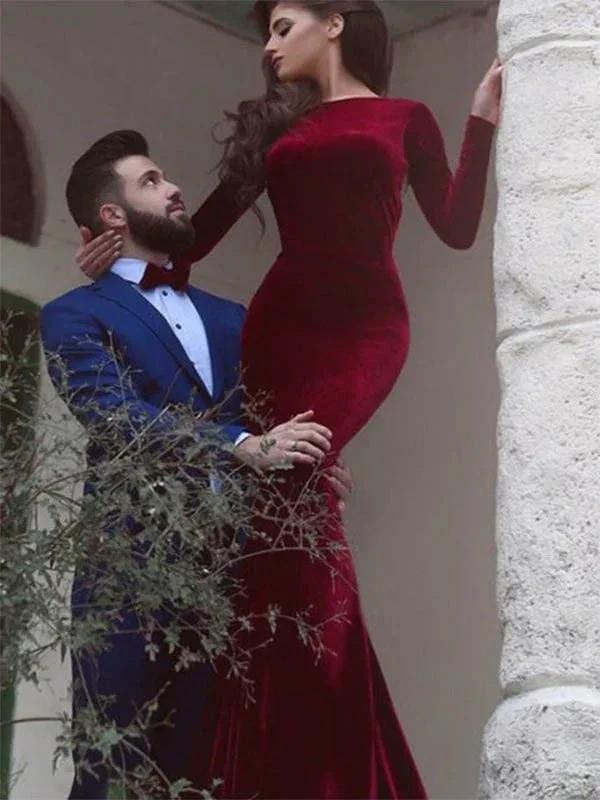 Sheath/Column Jewel Long Sleeves Floor-Length Ruffles Velvet Prom Dresses by misshow.com